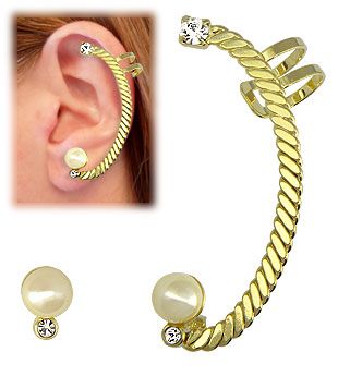 Brinco EAR CUFF folheado a ouro c/ strass e pérola sintética