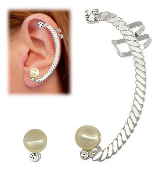 Brinco EAR CUFF folheado a prata c/ strass e pérola sintétic